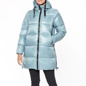 STYLUS GOOSE DOWN HOODED PUFFER JACKET HIP LENGTH ICY BLUE BLACK WOMEN'S L EUC